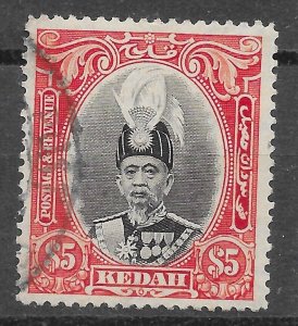 MALAYA KEDAH SG68 1937 $5 BLACK & SCARLET USED