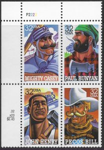 US #3083-3086 MNH Plate Block of 4. Folk Heroes.  Very Nice.