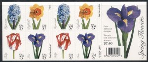 US: 2005 SPRING FLOWERS; Booklet of 20 Sc 3903B; 37 Cents Values