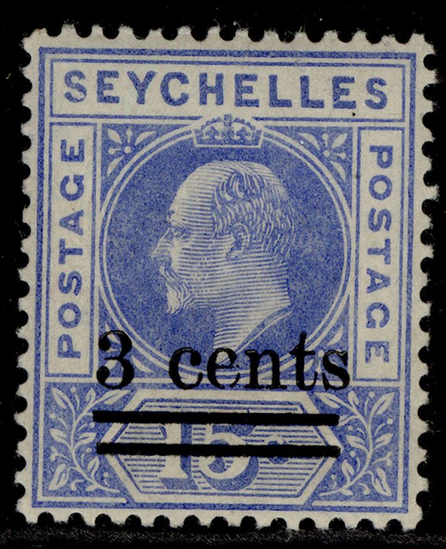 SEYCHELLES EDVII SG57, 3c on 15c ultramarine, M MINT.