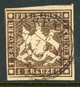 Germany States 1859 Wurttemberg 1Kr Brown Scott #13 VFU  G477