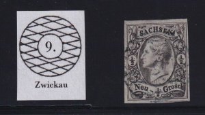 Germany (Saxony) Sc #9 (1855) 1/2ngr Johann I Used w/9 Zwickau Cancel