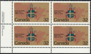 HISTORY = PAPAL COAT-OF-ARMS, MAP = Canada 1984 #1030 MNH LL BLOCK OF 4