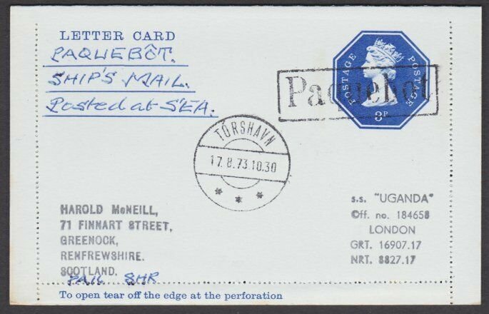 GB FAROE ISLANDS 1973 3d lettercard SS Uganda ship TORSHAVN PAQUEBOT........R380