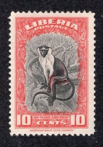 Liberia 1942 10c red & black Monkey, Scott 288 MH, value = $5.25