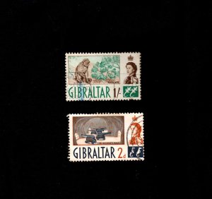 Gibraltar 1960 - 62 QE2 1/-d Rock by Moonlight + 2d Canons St George Hall USED