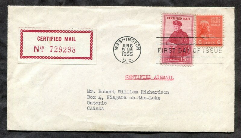p282- US #FA1 + 6c Prexie on Certified Mail FDC Airmail Cover to CANADA Unsealed