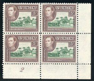 St Vincent 1949 KGVI 5c green & purple-brown plate block superb MNH. SG 168.