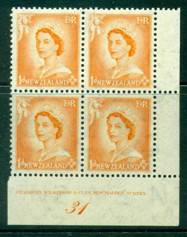 New Zealand 1954 QEII 1d Orange Plate 31 Block 4 MH/MUH Lot25340