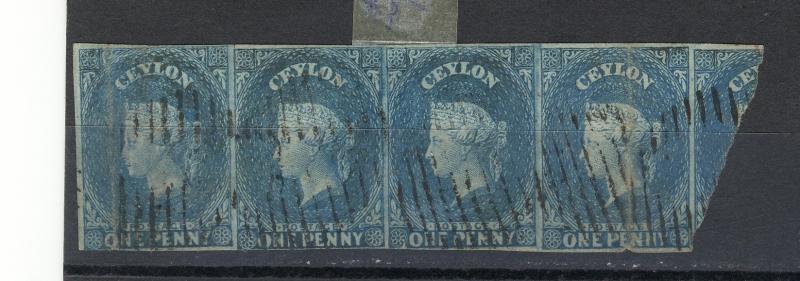 CEYLON 1857 - 1859 BLUE (#1)  or  DP TURQOISE (#3) IMPERF.Wmk 6 STRIP 4 1/2