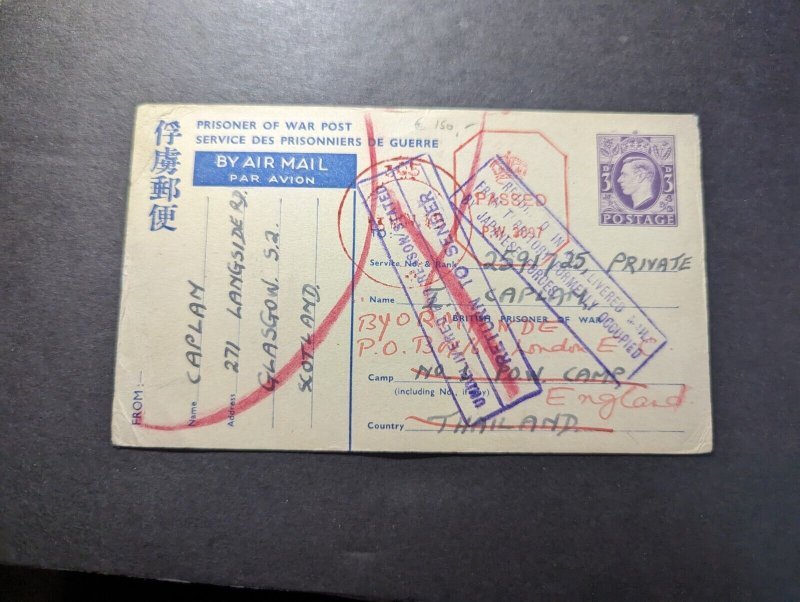 1944 England Japanese Prisoner of War POW Postcard Cover to Thailand RTS Return