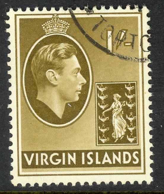 BRITISH VIRGIN ISLANDS 1938-47 KGVI 1sh Olive Bister Portrait Issue Sc 83 VFU