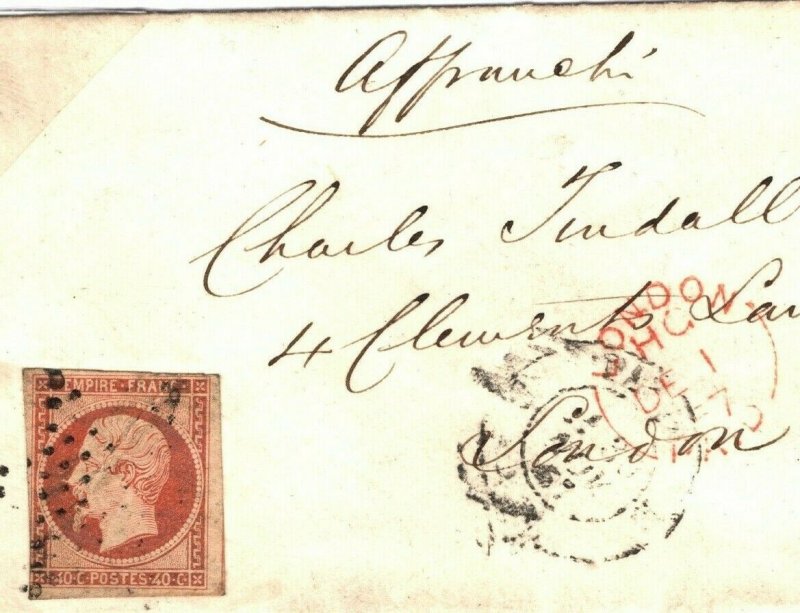 FRANCE CLASSIC 40c *Napoleon* Petite Cover London 1857 {samwells-covers}B211