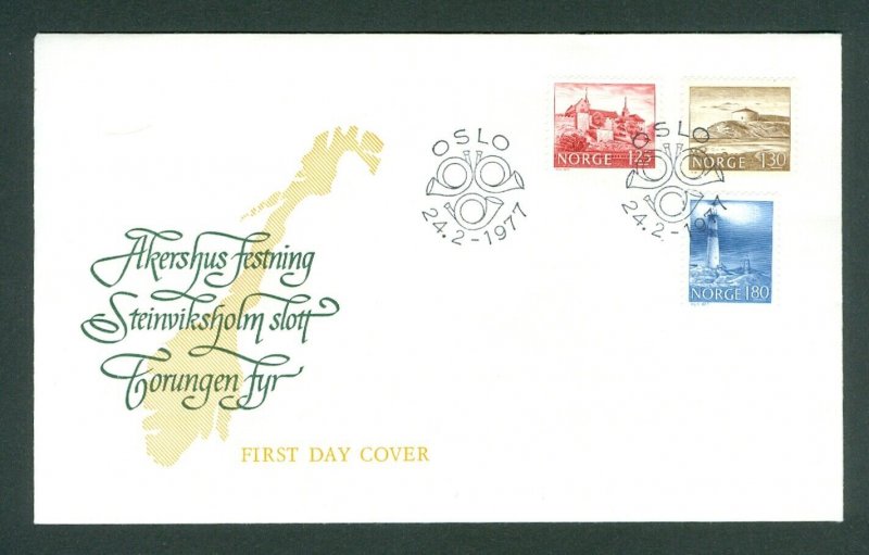 Norway. 1977 FDC. Cachet. Castles-Lighthouse.  Sc# 690-91-92.