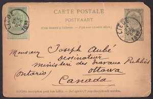 Belgium - 1893 - 5c PS Postcard uprated 5c Scott #64 - LIEGE to Ottawa Canada