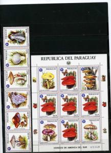 PARAGUAY 1986 Sc#2166-2167 FLORA MUSHROOMS STRIP OF 6 STAMPS & SHEET MNH 