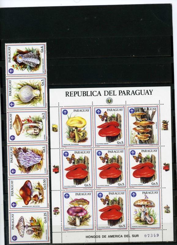 PARAGUAY 1986 Sc#2166-2167 FLORA MUSHROOMS STRIP OF 6 STAMPS & SHEET MNH 