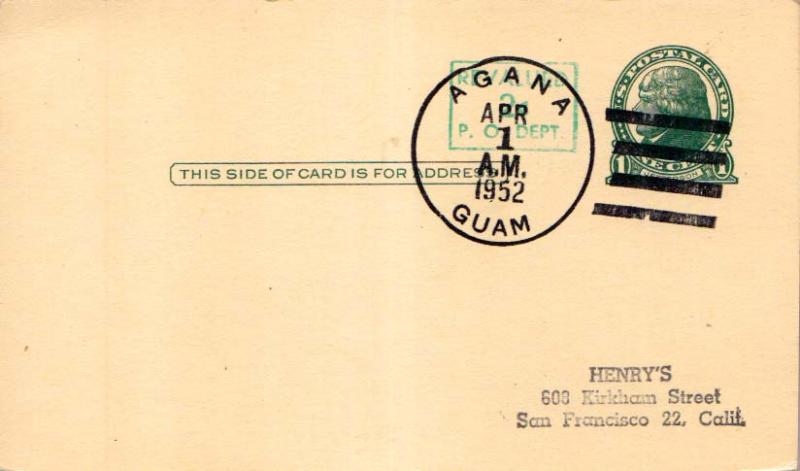 Guam 1c Green Jefferson Postal Card Overprinted Revalued 2c P.O. Dept. 1952 A...