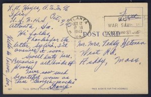 POSTAL HISTORY - US WW2 - 1943 ATLANTA GA to ASHBY MASS - WELLMAN art  POSTCARD