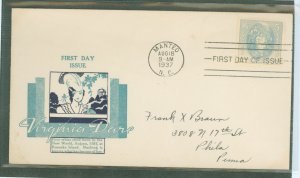 US 796 1937 3c Virginia Dare/Roanoke Island Commemorative, on an addressed FDC with a covered wagon cachet