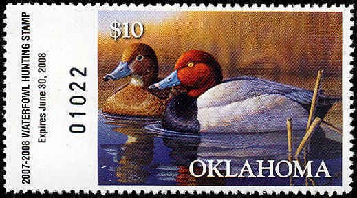 OKLAHOMA #28 2007 STATE DUCK STAMP REDHEADS  by Jeffrey Hoff