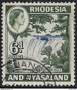 RHODESIA & NYASALAND 1959 QEII 6d Ultramarine & Deep Myrtle-Green SG24 Used