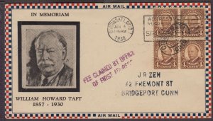 1930 William Howard Taft 4c Sc 685-1b block of 4 with A. C. Roessler cachet