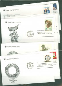 US 1756-69 1978 Owls, trees, Christmas, space; 12 FDC's: 2 misc, 4 owls, 4 trees, 2 Christmas