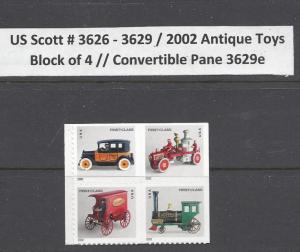 US Scott #3626, 3627, 3628, & 3629 / 3629e Antique Toys Block of 4 // MNH