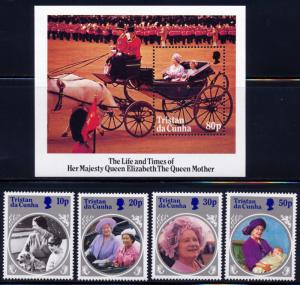 TRISTAN DA CUNHA 1985 QUEEN MOTHERS 85th BIRTHDAY SET WITH S/S SCOTT 372-76