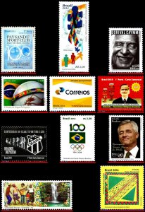 BRAZIL 2014 - LOT WITH 11 STAMPS OF THE YEAR - SCOTT VALUE $16.35, ALL MNH VF