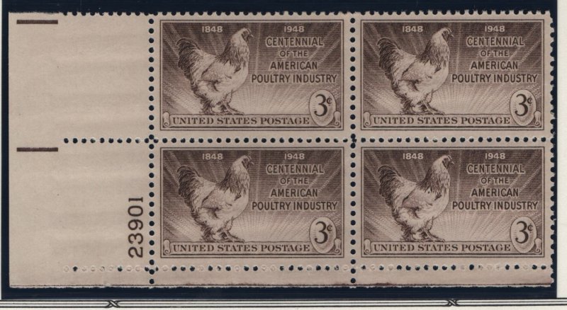 US, 968, MNH, PLATE BLOCK, 1948, POULTRY INDUSTRY