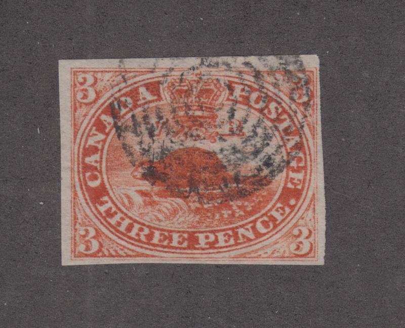 Canada Sc 4 used 1852 3c red Beaver, 4 margins VF