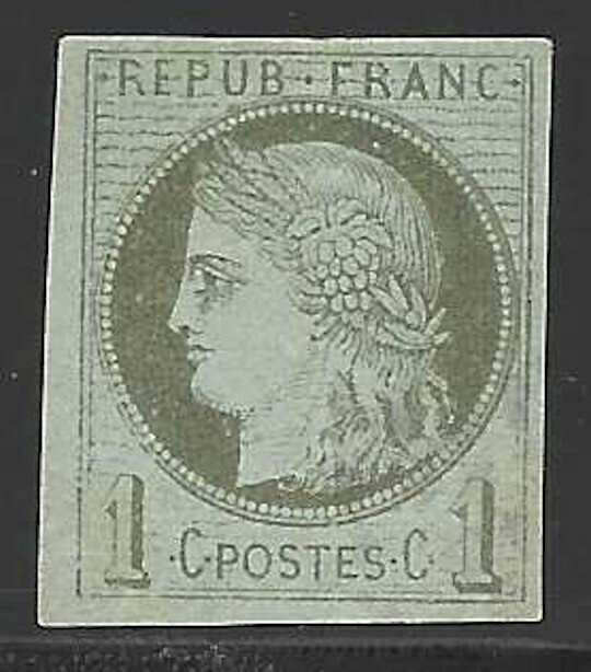 France, Scott #38, 1c olive green on pale blue, 4 margins, unused, no gum