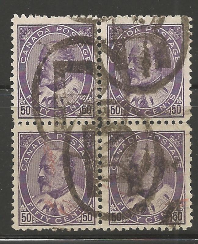 Canada #95 USED VF centering Block of 4 with *R* cancel -- No Faults
