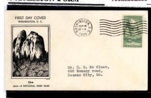 US 747 1934 8c Zion (Natl Parks) on an addressed (typed) FDC with a Washington DC cancel and a Clara Fawcett cachet