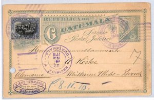 GUATEMALA 3c Postal Stationery Card QUETZALTENANGO 1910 Germany {samwells}PH327