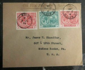 1934 St Kitts On His Majesty Services Cover To Mckees Rocks PA USA