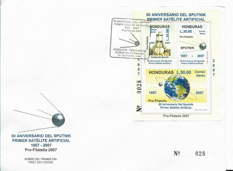 HONDURAS 2007 50 YEARS OF SPUTNIK LAUNCH SPACE SATELLITE 2 SOUVENIR SHEET ON FDC