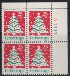 SCOTT  2515 CHRISTMAS TREE  25¢  PLATE BLOCK  MNH  SHERWOOD STAMP