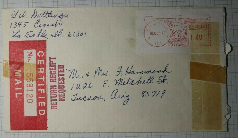 US Certified Mail Cover Metered Postage 1973 La Salle IL Red Label
