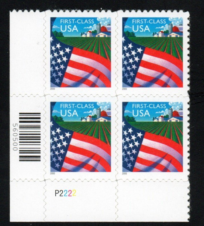 SC# 3449 - (34c) - Flag Over Farm, Non-Denom - MNH Plate Block LL # P2222