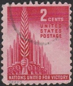 USA #907 1943 2c Carmine Nations United For Victory. USED-Fine-HM.