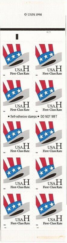 US Stamp - 1998 Uncle Sam Hat H Rate - 20 Stamp Booklet Pane #BK271
