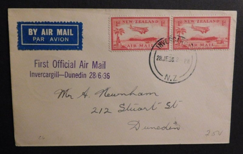 1936 New Zealand Airmail Cover First Official Invercargill to Dunedin
