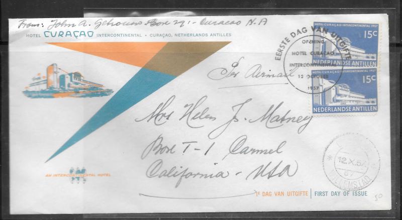 Just Fun Cover NETHERLANDS ANTILLES #240 FDC 1957 HOTEL CORACAO INTERCO (my5014)