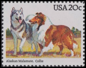 US 2100 Dogs Alaskan Malamute, Collie 20c single MNH 1984