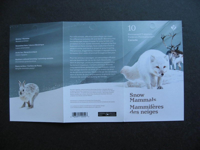 Canada tag offset print error 2021 Snow mammals booklet affects 4 stamps, cover