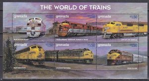 Grenada, Scott cat. 2839 a-f. World of Trains sheet of 6.