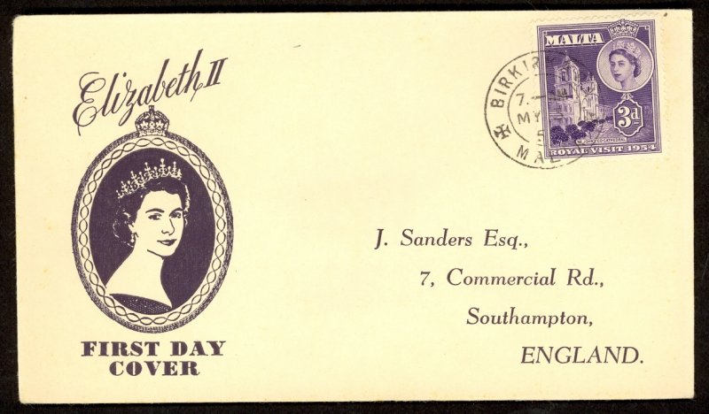 MALTA 1954 QE2 ROYAL VISIT Issue Sc 242 on Sanders CACHET Birkirkara Pmk FDC